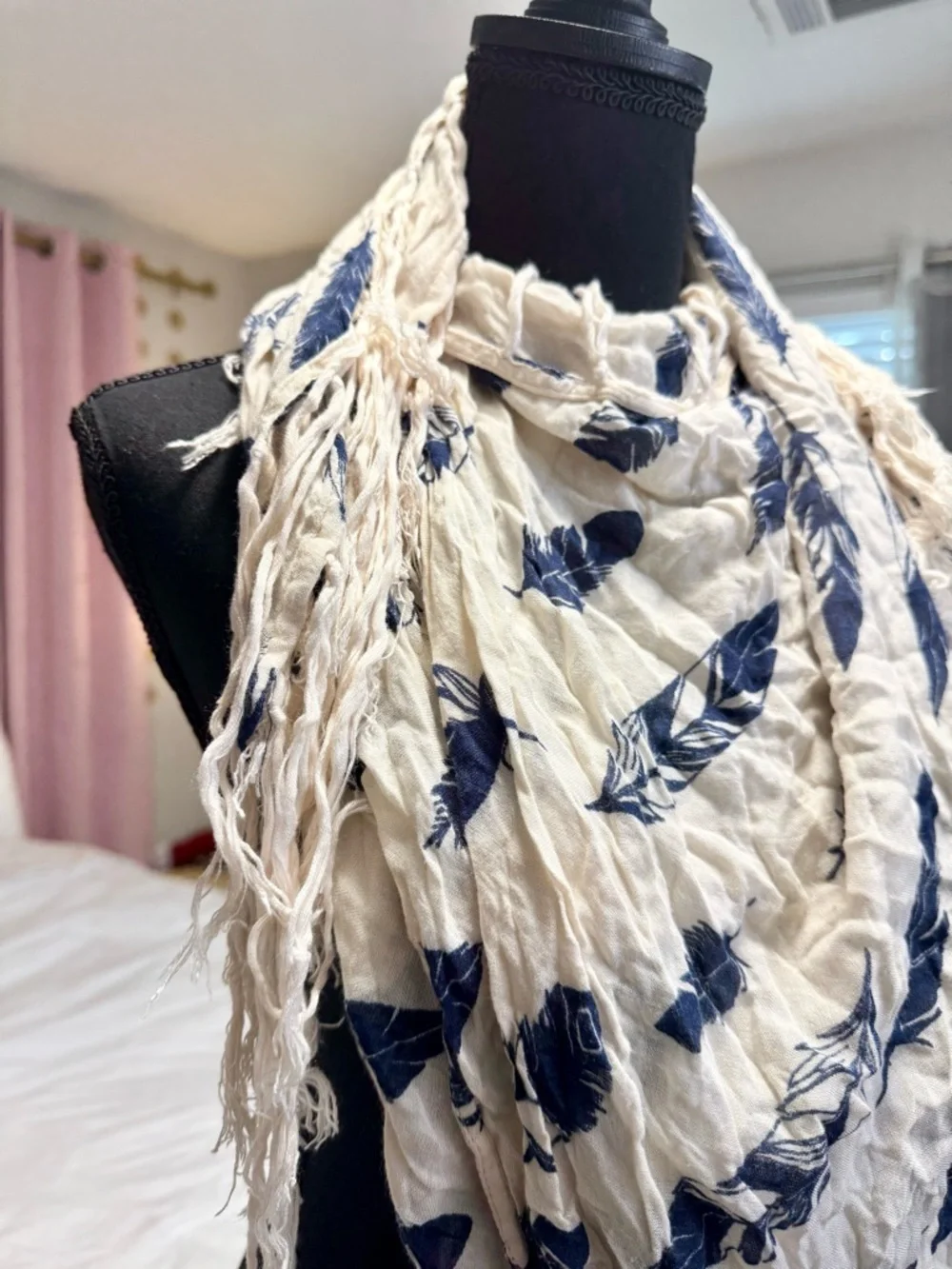 Cream Navy Feather Print Fringe Scarf Lightweight Boho Wrap - Picture 5 of 5